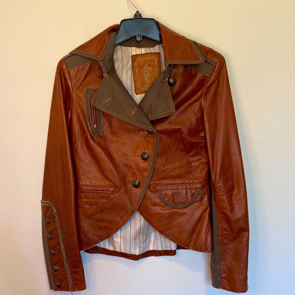 MY TRIBE Military Style Brown Leather Jacket Size S